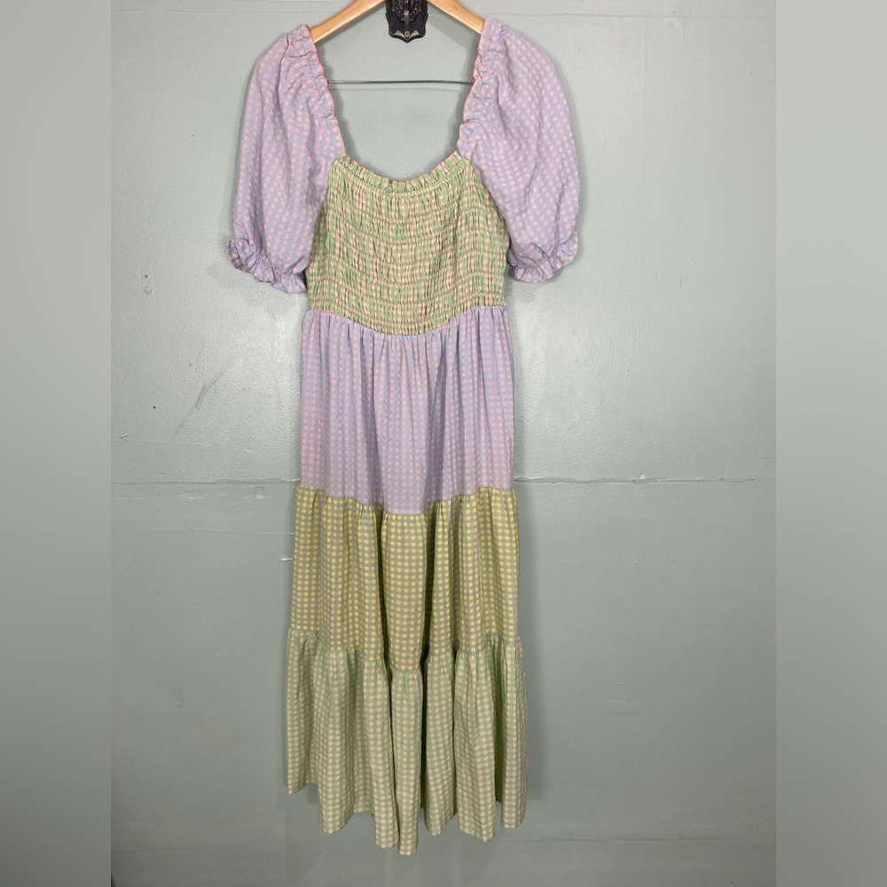 Greylin Nola Smocked Gingham Plaid Colorblock Tiered Midi Dress Sz M Pastel - Picture 2 of 7